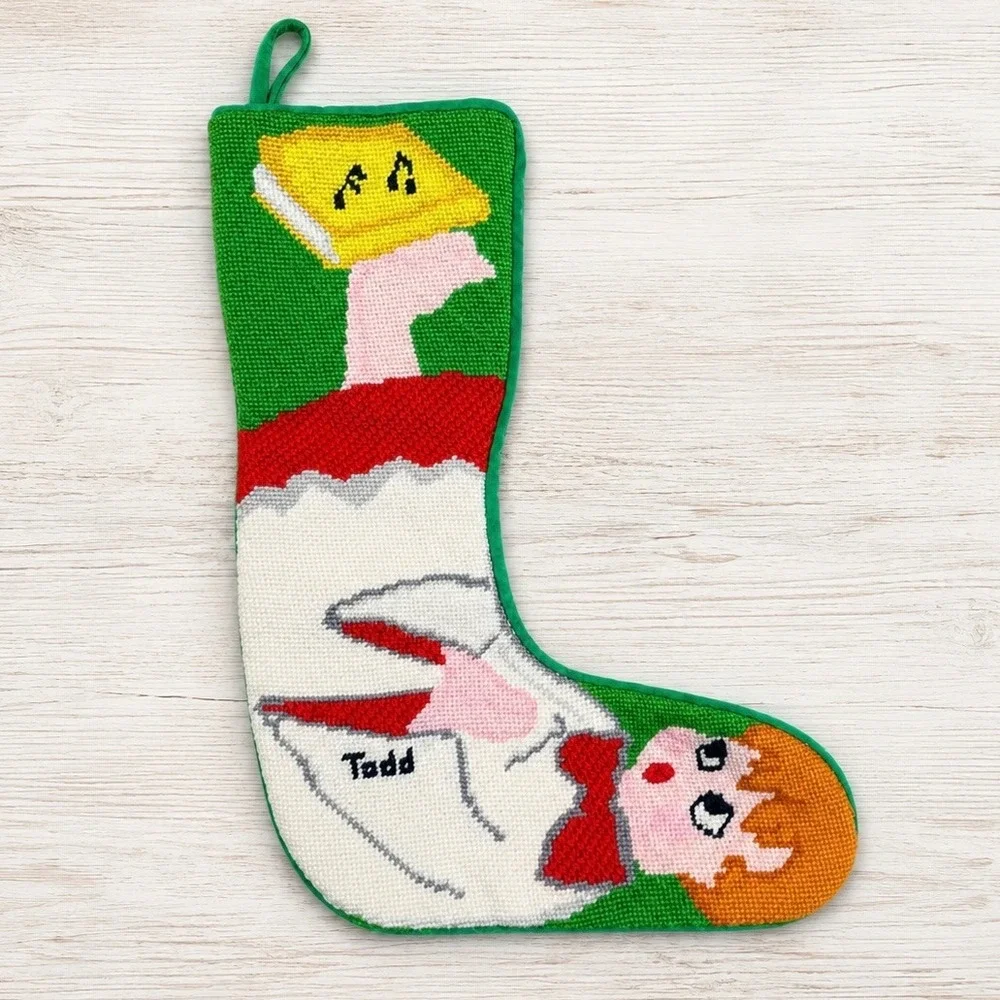 Vintage Needlepoint Christmas Stocking Todd Boy Music Book Green Velvet 19 Inch